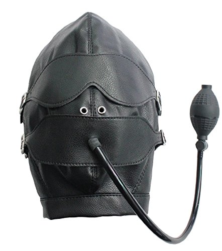 Leder-Kopf-Maske schwarz mit Augenbinde und Latex-Pump-Ball-Knebel